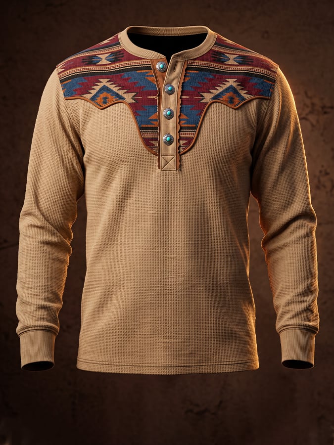 Men's Vintage Waffle-Knit & Leather-Panel Aztec Henley Shirt