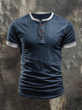 Men's casual retro wash colorblock short sleeve Henley T-shirt