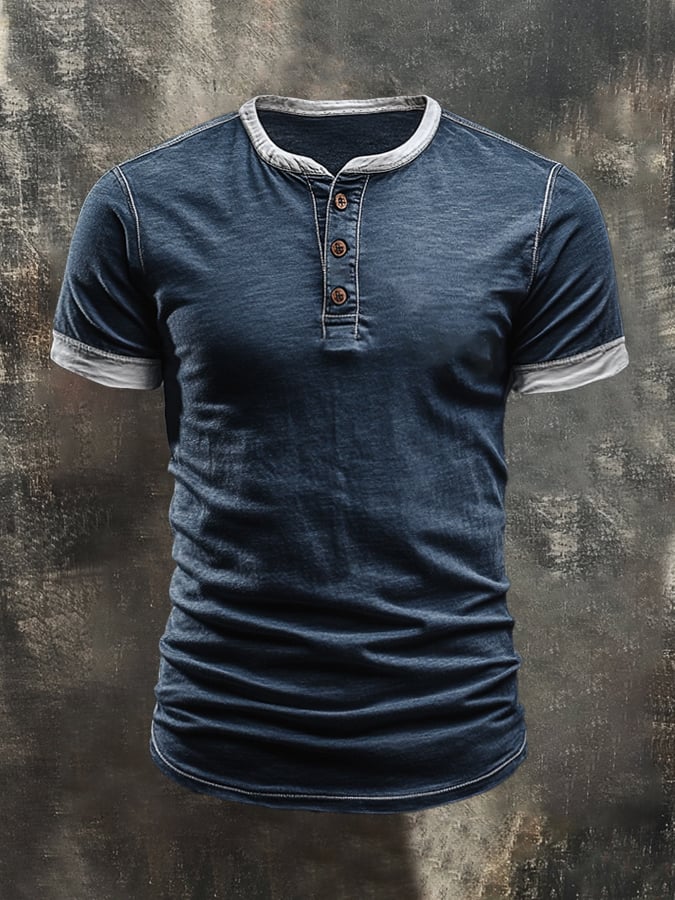 Men's casual retro wash colorblock short sleeve Henley T-shirt