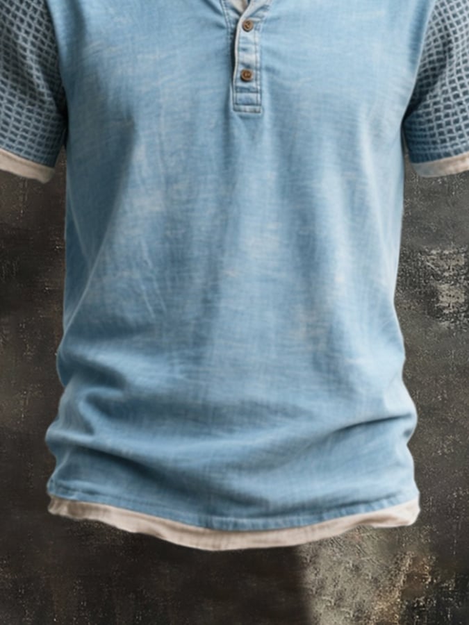 Men's Vintage Distressed Colorblock Casual Henley Short Sleeve T-Shirt
