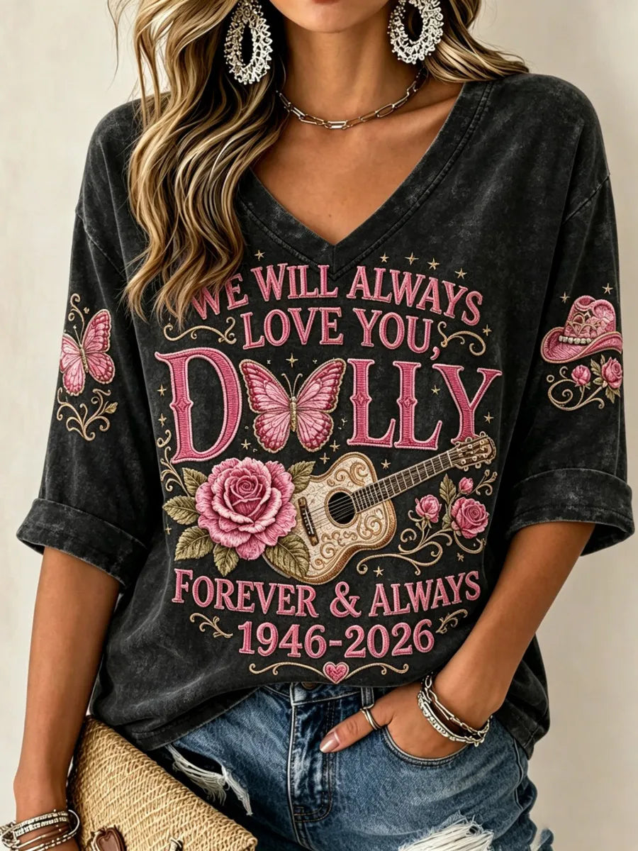 Women'S Commemorative Printed Waffle V-Neck Top