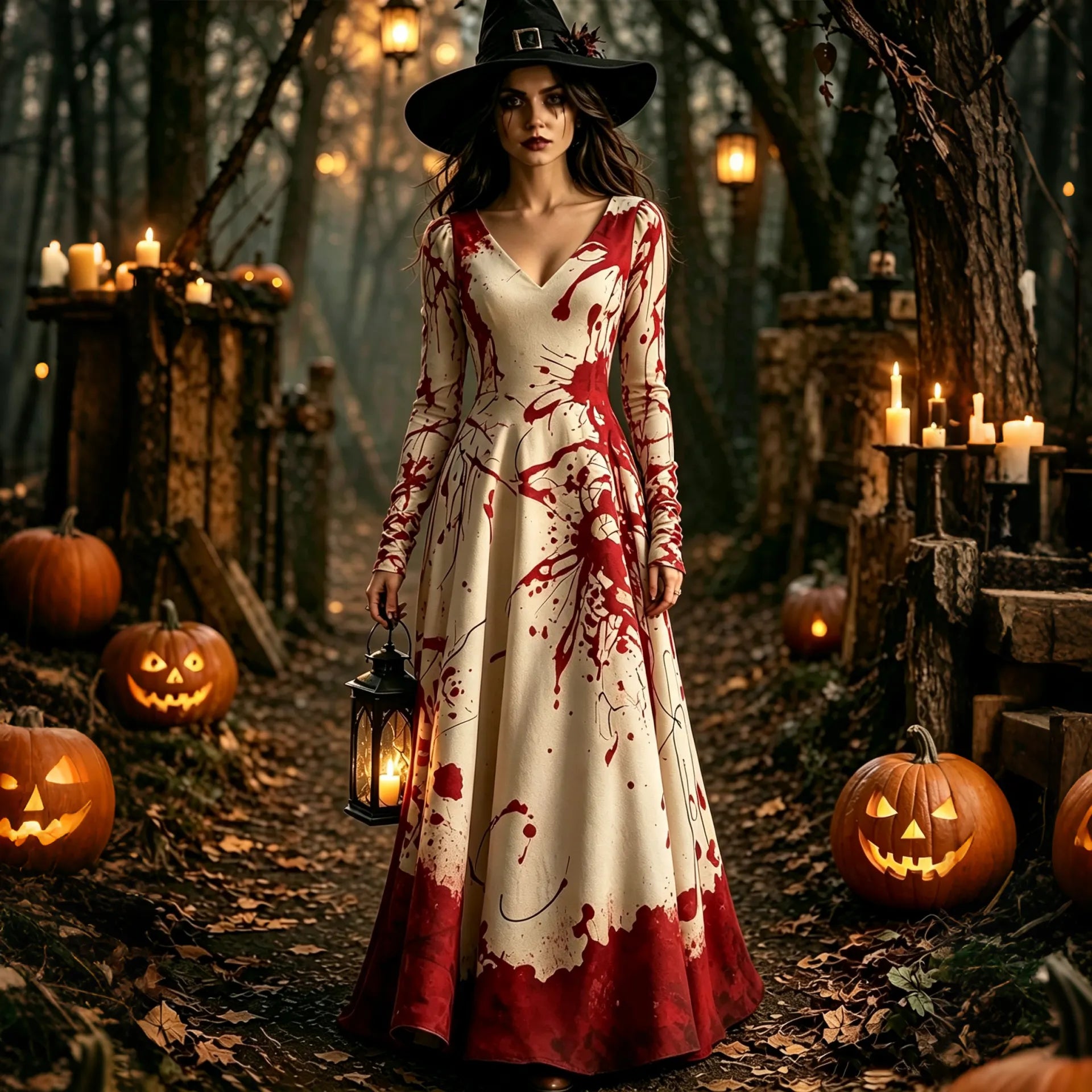 Women's Halloween Bloodstain Print V-neck Maxi Dress