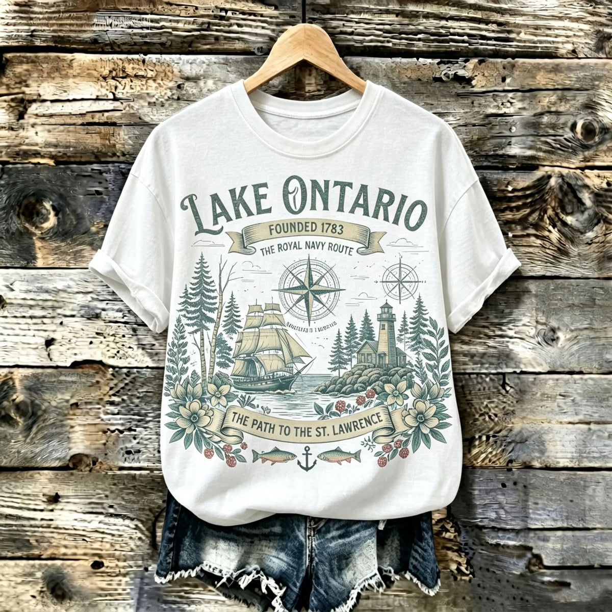 Women's Vintage Graphic T-shirt - St. Lawrence River & Lighthouse