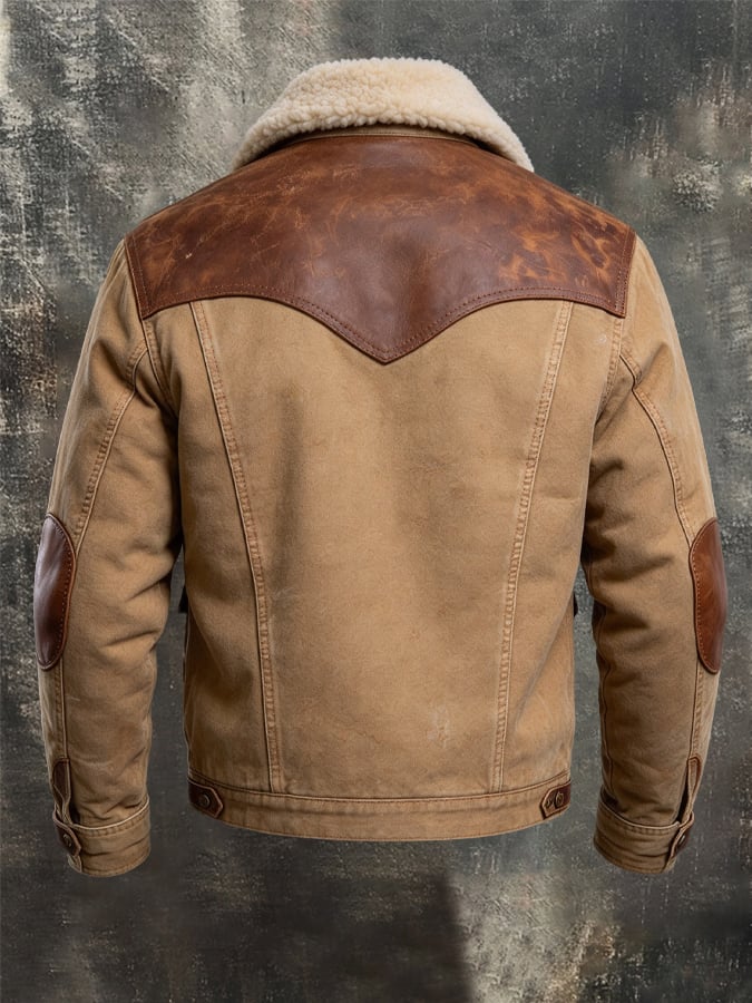 Men’s Vintage Leather-Paneled Insulated Multi-Pocket Western-Style Outdoor Jacket