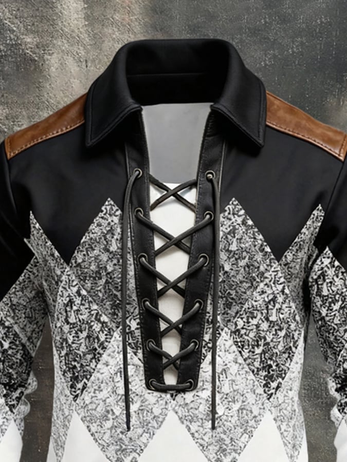 Men'S Fashion Color-Block Long-Sleeve Sweatshirt With Leather Paneling, Lace-Up Detail, And Collar