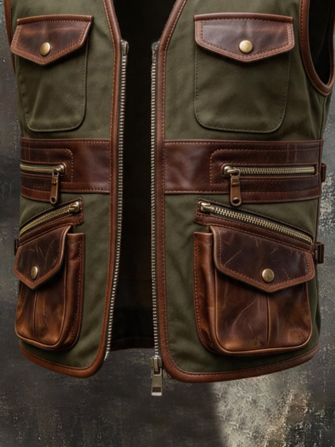 Men's Vintage Multi-Pocket Paneled Leather Vest Jacket