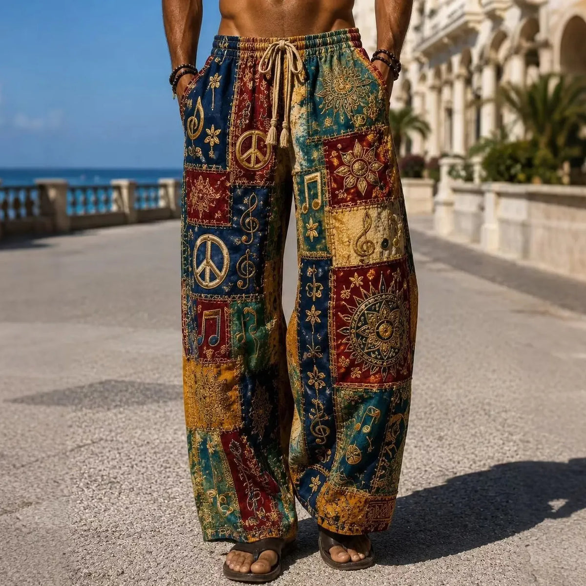 Men's Boho Colorblock Music Note Mandala Flower Peace Sign Motif Print Casual Pants