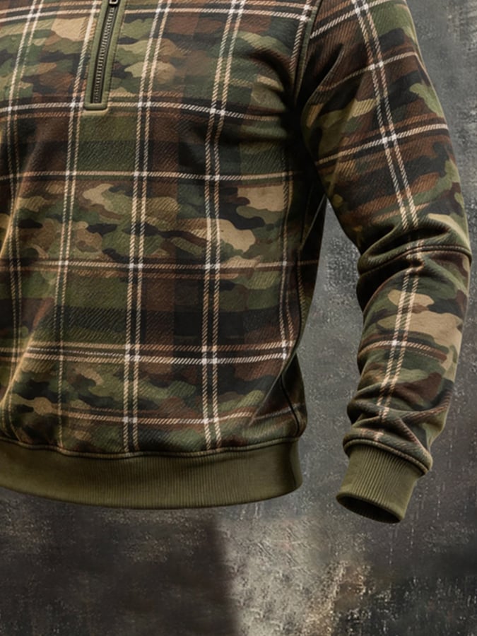 Men's Retro Color-Block Camouflage Print Quarter-Zip Sweatshirt