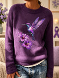 Women's Alzheimer's Awareness: Flowers And Hummingbird Printed Casual Sweatshirt