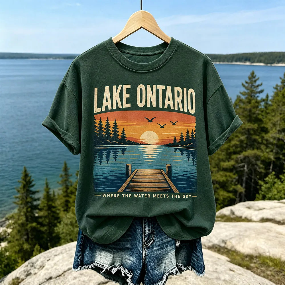 Women's Casual Crewneck T-shirt In Dark Green With Lake Ontario Sunset, Wooden Pier, And "where The Water Meets The Sky" Print