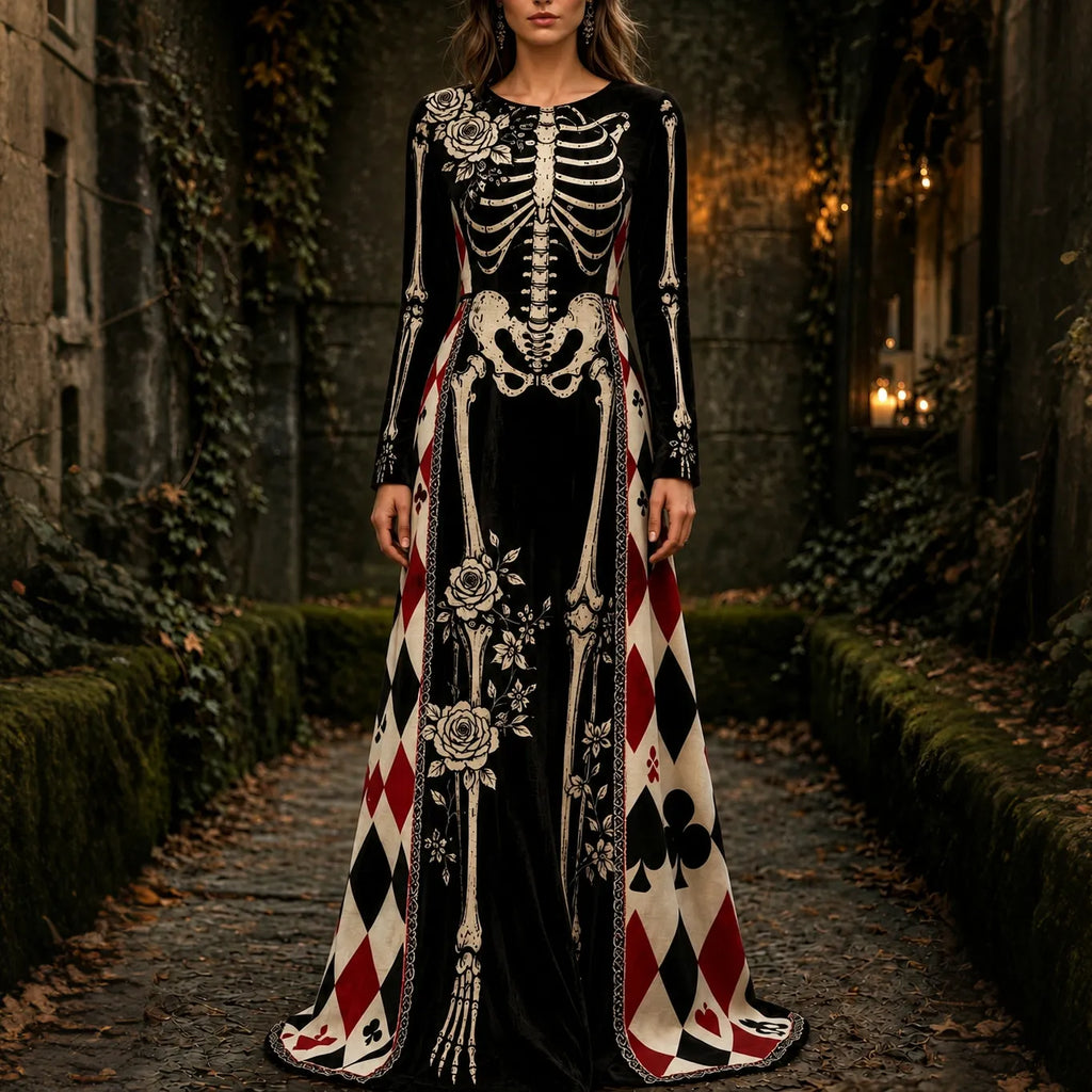 Women's Halloween Gothic Style Skeleton Playing Card Pattern Velvet Long Dress