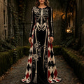 Women's Halloween Gothic Style Skeleton Playing Card Pattern Velvet Long Dress