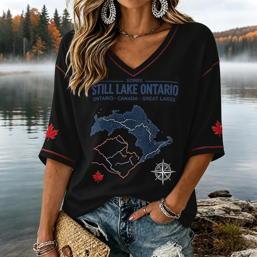 Women’s "always Lake Ontario" Comfortable Mid-length Sleeves V-neck T-shirt