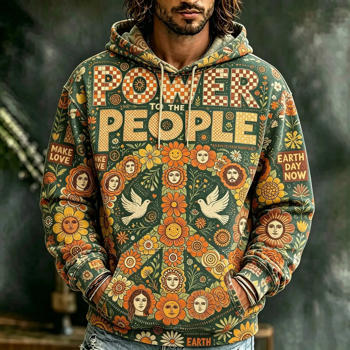 Men's Power To The People Doves Anthropomorphic Blooms Print Hoodie