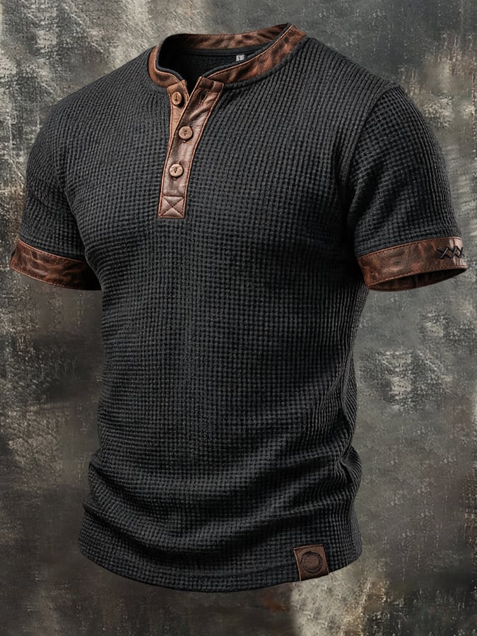 Men'S Retro Color-Block Short-Sleeve Henley T-Shirt With Waffle Knit And Leather Paneling