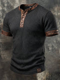 Men'S Retro Color-Block Short-Sleeve Henley T-Shirt With Waffle Knit And Leather Paneling