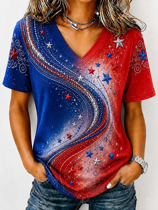 Women'S America Flag Print Casual V-Neck T-Shirt