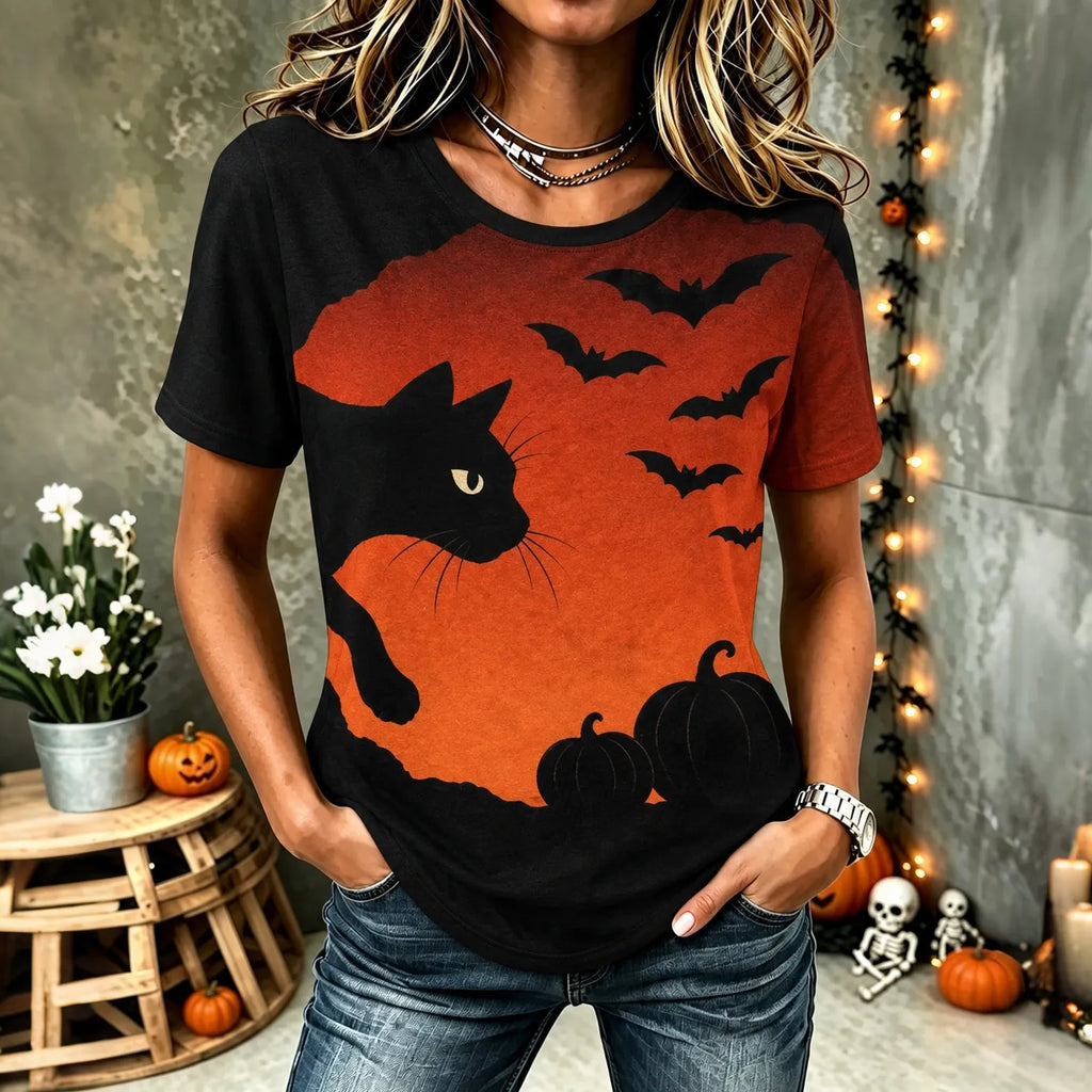 Women's Vintage Gothic Halloween Cat Print Comfy Print Tshirt