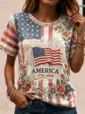 Women's Independence Day Flag And Floral Art Print Crewneck T-shirt