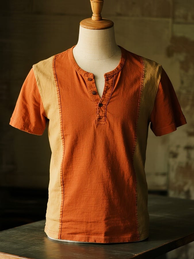 Men's casual retro color-block Henley T-shirt