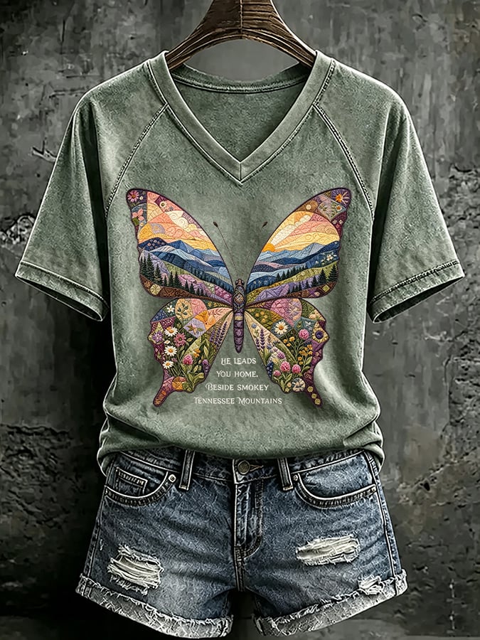 V Neck Retro Butterfly He Leads You Home Beside Smokey Tennessee Mountains Print T-Shirt