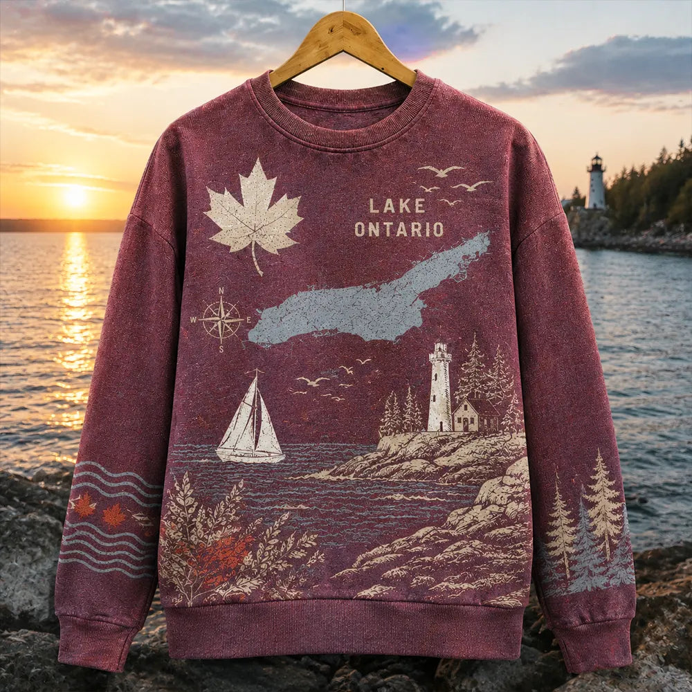 Women's Crew Neck Sweatshirt - Lake Ontario Map, Lighthouse, Sailboat And Maple Leaf Print