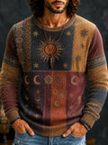 Men's Earthy Tone Vertical Panel Celestial Flower Print Round Neck Sweater