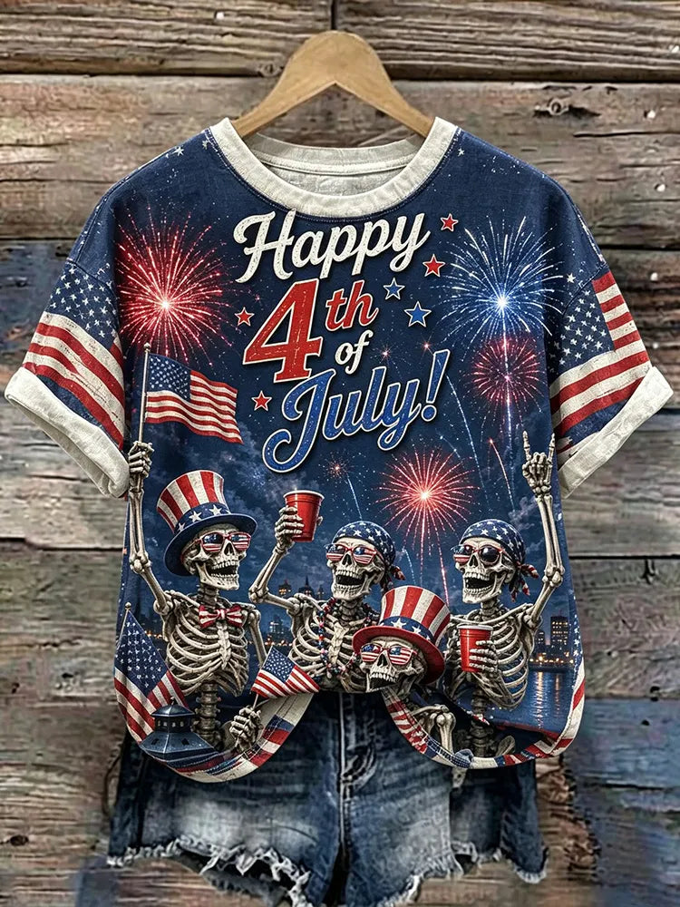 Women's Vintage Halloween And 250th Anniversary Art Print Crewneck Casual T-shir