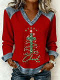 Women's Christmas Cross Print Waffle Casual Patchwork Denim Sweatshirt