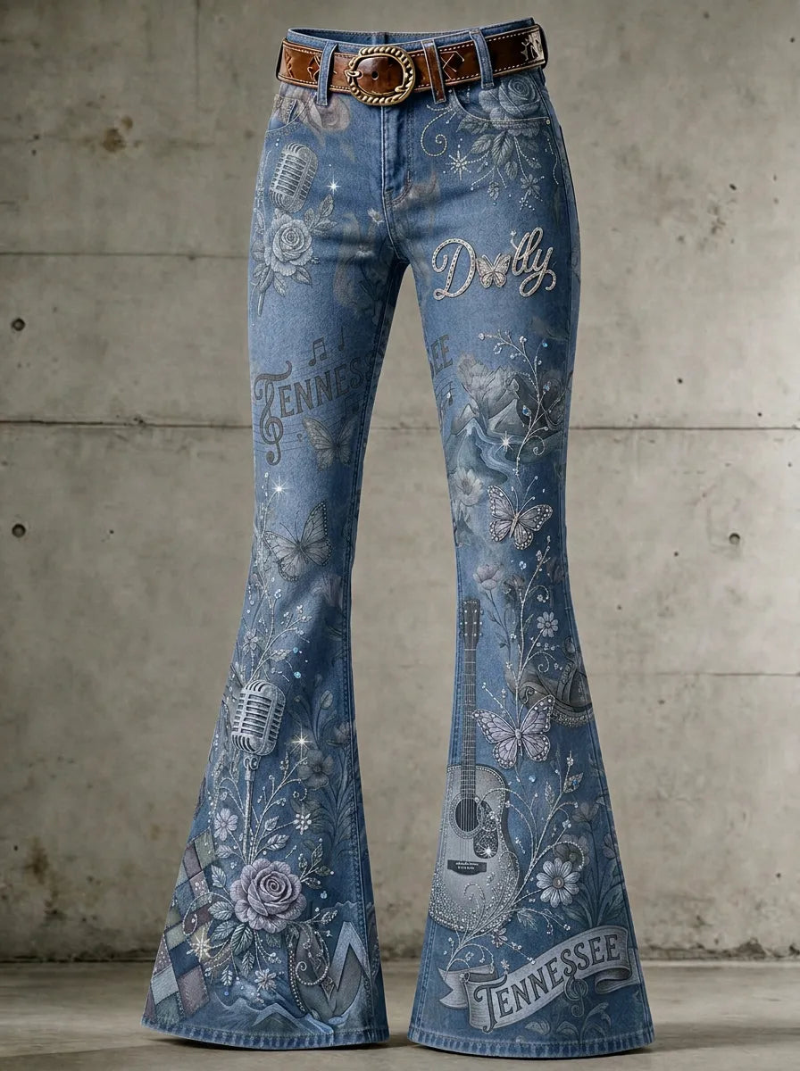 Women's Dolly Parton Country Music Guitar Rose Printed Flare Pants