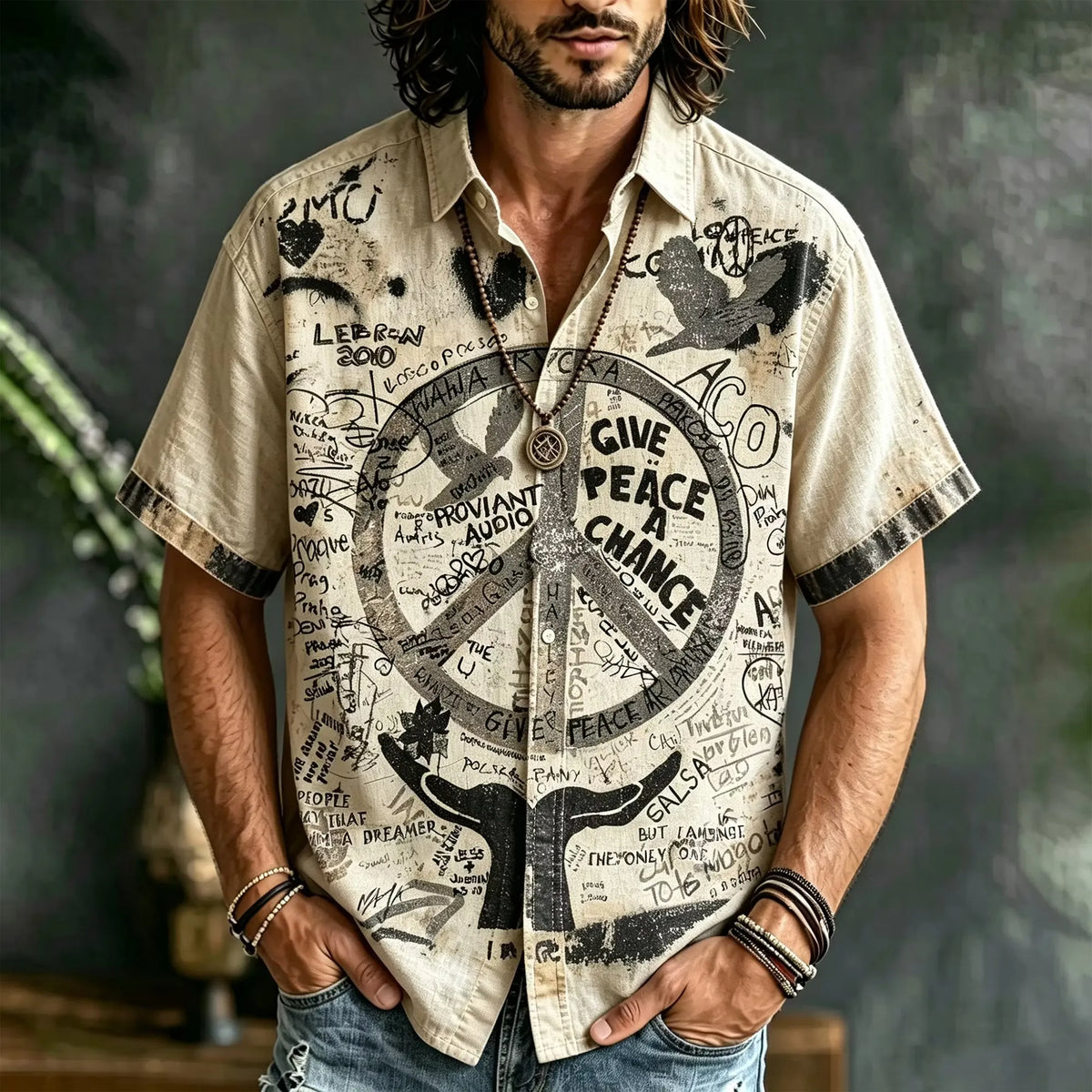 Men's Graffiti Peace Sign Print Short Sleeve Buttons Shirt