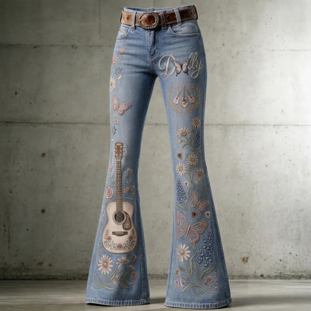 Women's Dolly Parton Guitar Butterfly Floral Printed Flare Jeans