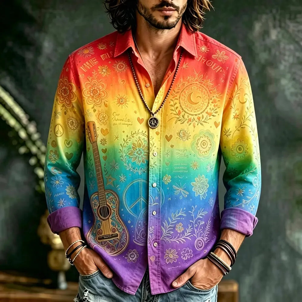Men's Rainbow Gradient Guitar Peace Symbol Floral Print Long Sleeve Shirt