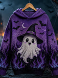 Women's Halloween Cute Ghost In Witch Hat Graphic Hoodie - Purple Flame & Bat Pattern