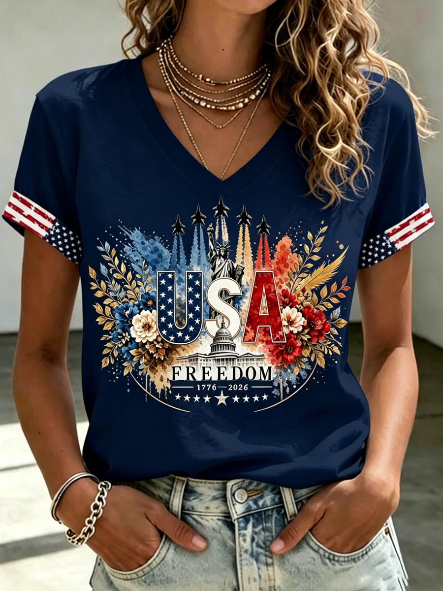 Women's Independence Day Faith Cross Flag Print Crew Neck Short Sleeve T-shirt