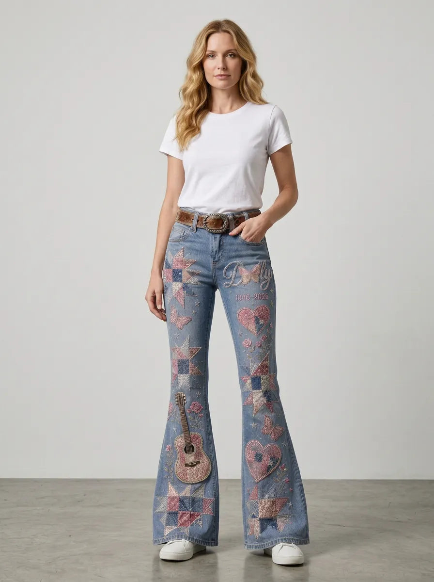 Women's Dolly Parton Guitar Butterfly Quilt Printed Flare Jeans