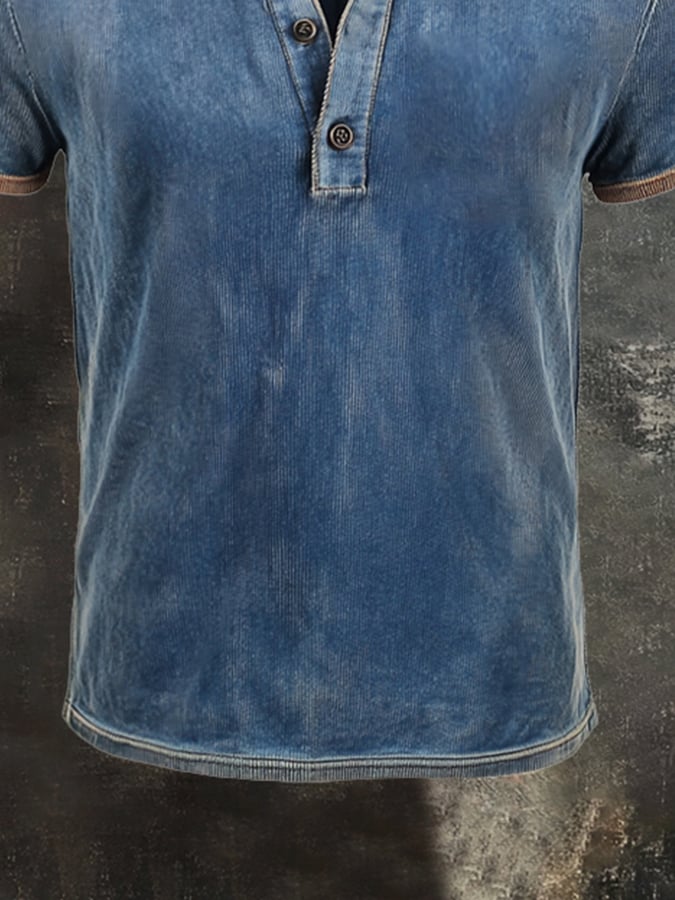 Men's casual retro color block Henley T-shirt