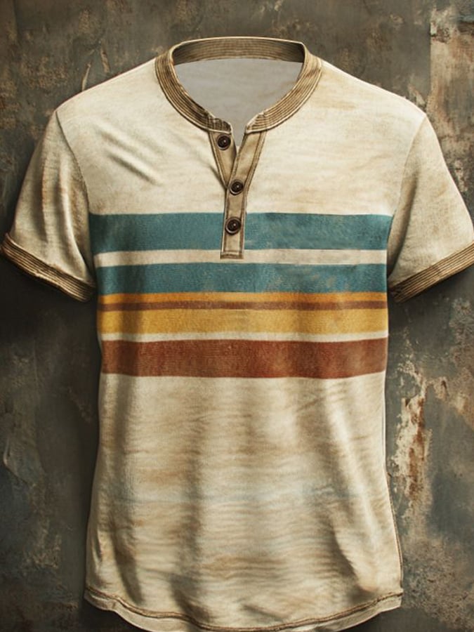 Men's casual Henley shirt with vintage stripe print and short sleeves