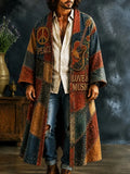 Men's Boho Peace Symbol Guitar Wild Floral Print Kimono Cardigan