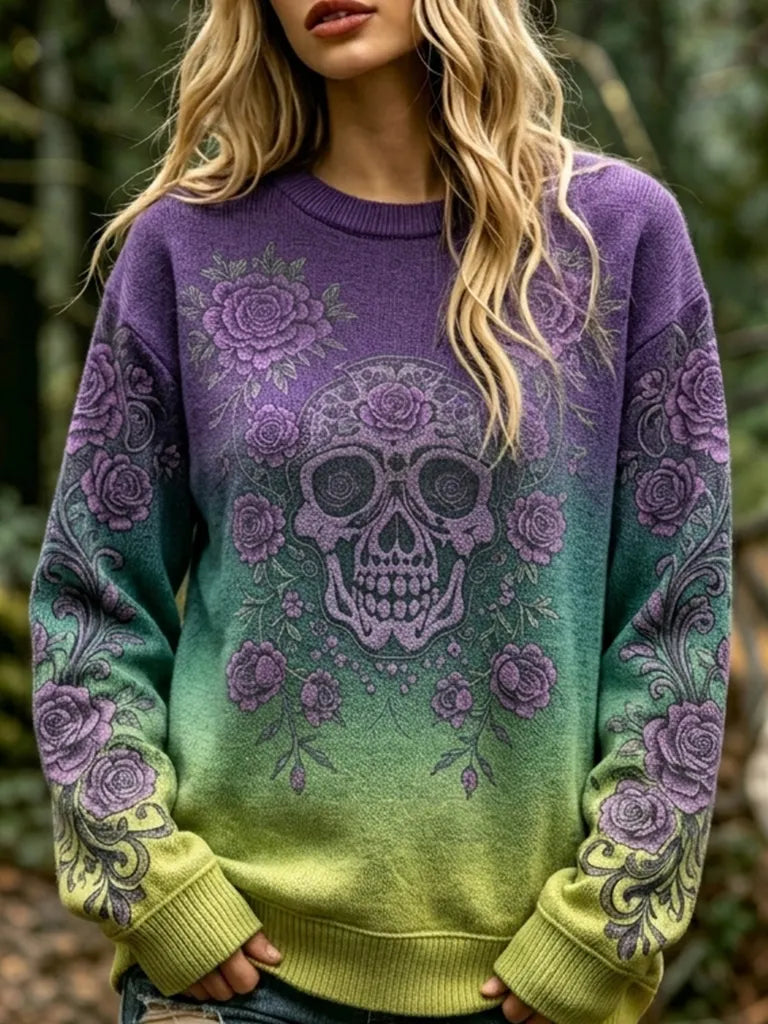 Women's Retro Viking Skull And Rose Pattern Casual Warm  Sweater