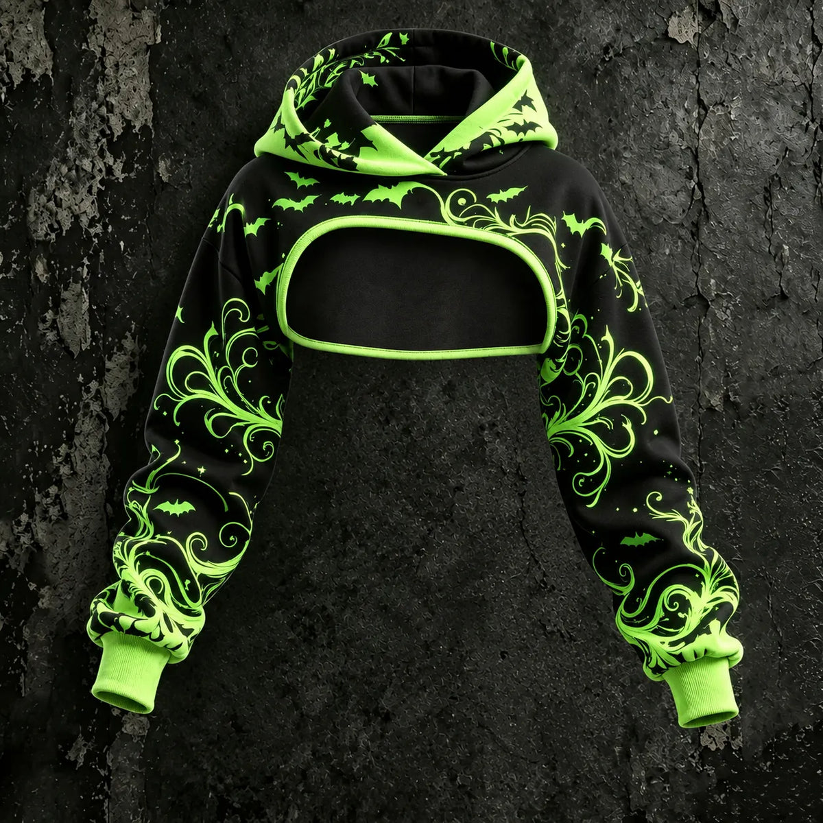 Women's Retro Halloween Flame Bat Floral Print Hoodie Suspender Dress Two-piece Set