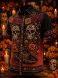 Men's Day Of The Dead Dual Skull Symmetric Vibrant Floral Vine Print Short Sleeve Buttons Shirt