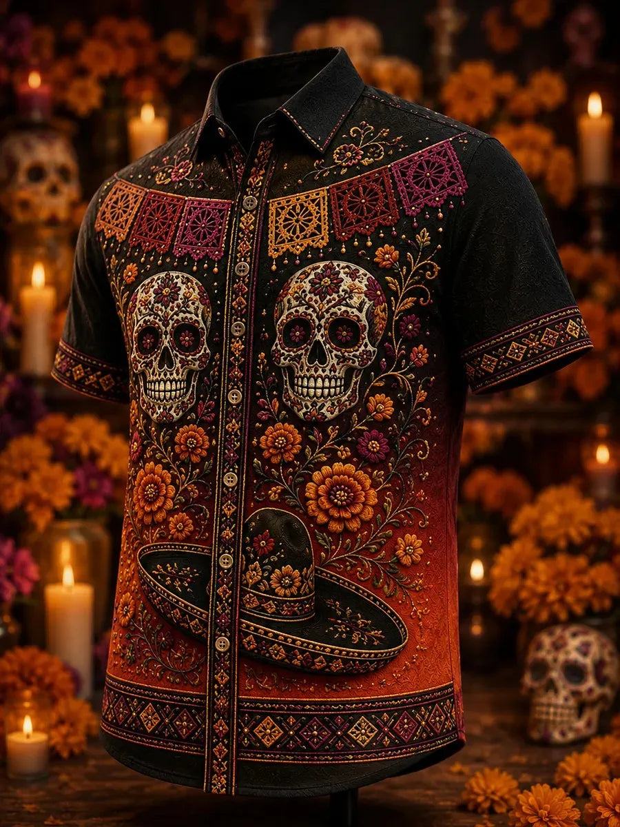 Men's Day Of The Dead Dual Skull Symmetric Vibrant Floral Vine Print Short Sleeve Buttons Shirt