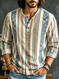 Men's Ethnic Pattern Vertical Striped Print Henry Collar Long Sleeve T-Shirt