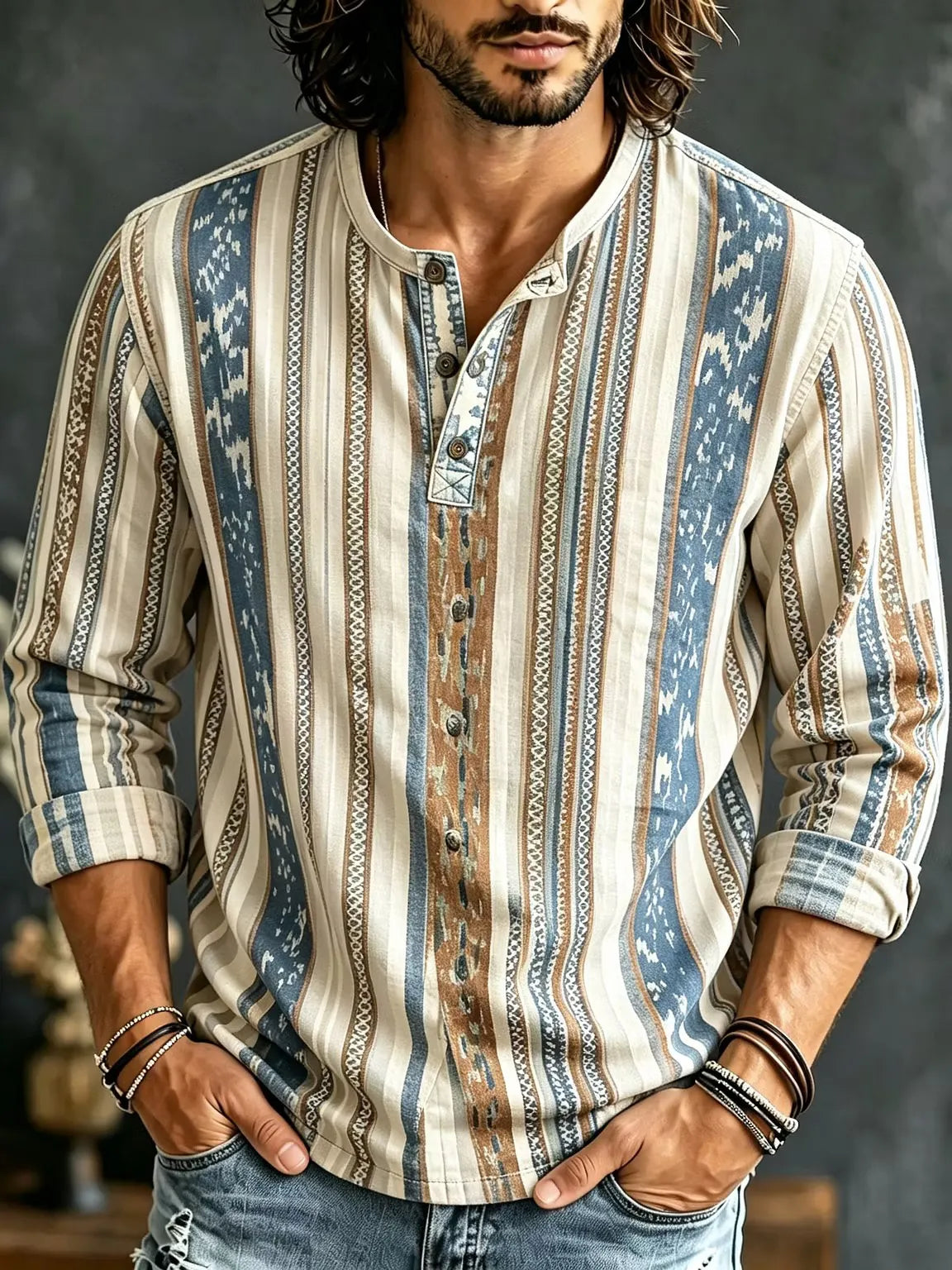 Men's Ethnic Pattern Vertical Striped Print Henry Collar Long Sleeve T-Shirt