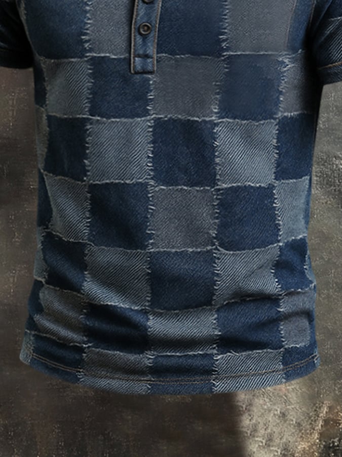 Men's Retro Plaid Colorblock Casual Henley Short Sleeve T-Shirt