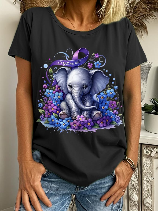 Women's Alzheimer's Disease Awareness Forget Me Not Elephant Print Tee
