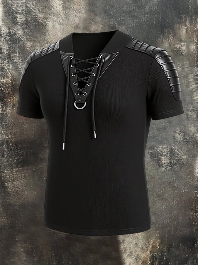 Men's patchwork print T-shirt with leather tie collar