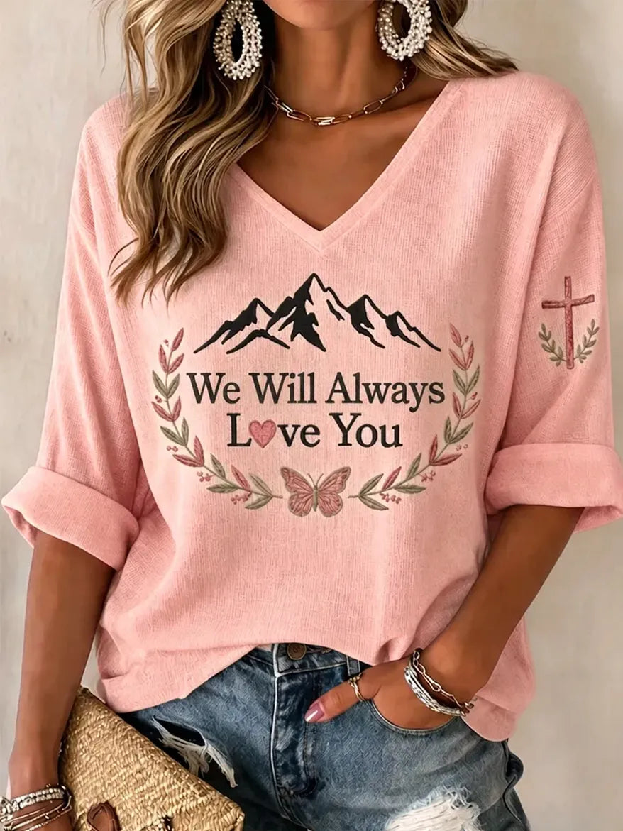 Women'S Commemorative Printed Waffle V-Neck Top