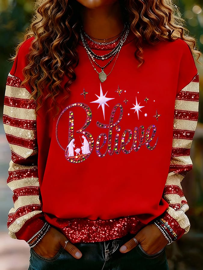 Women's Nativity Faith Art Print Casual Crew Neck Sweatshirt
